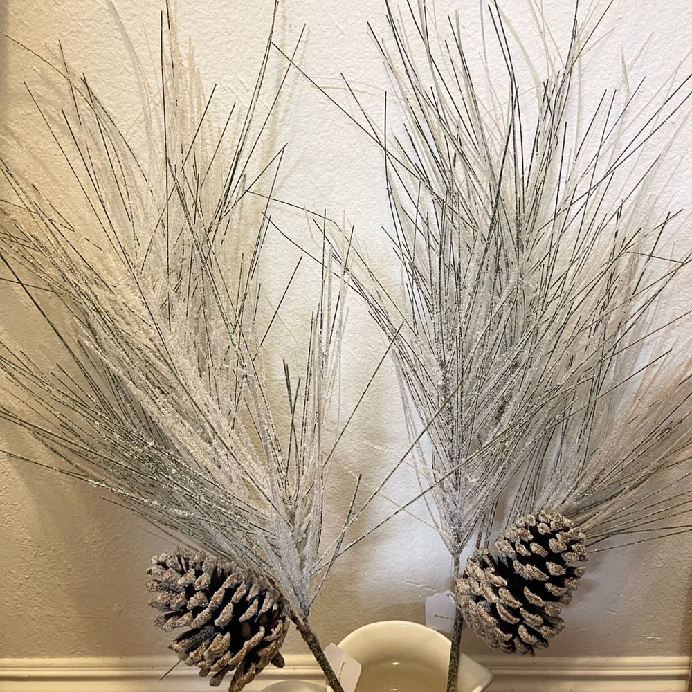 Set of 35” Christmas Holiday Glittered Flocked Branch Pick Spray Stem Pinecones